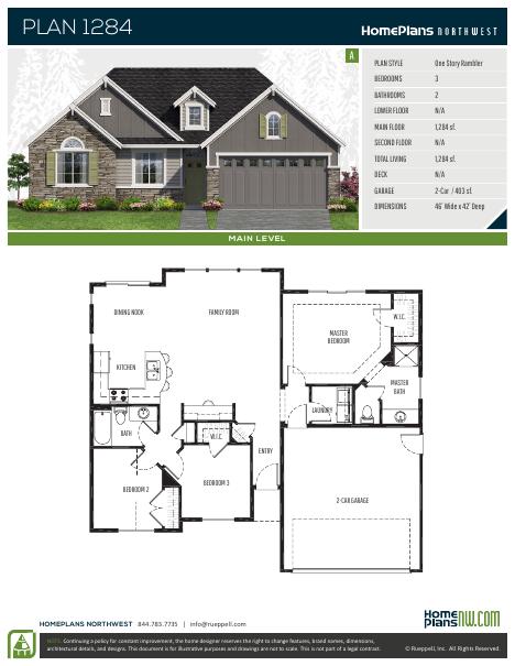 Home Plans NW Plan 1284-A floor plan and specification sheet