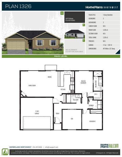 Home Plans NW Plan 1326-AB floor plan and specification sheet