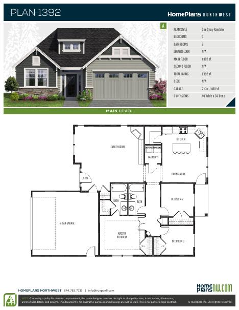 Home Plans NW Plan 1392-A floor plan and specification sheet