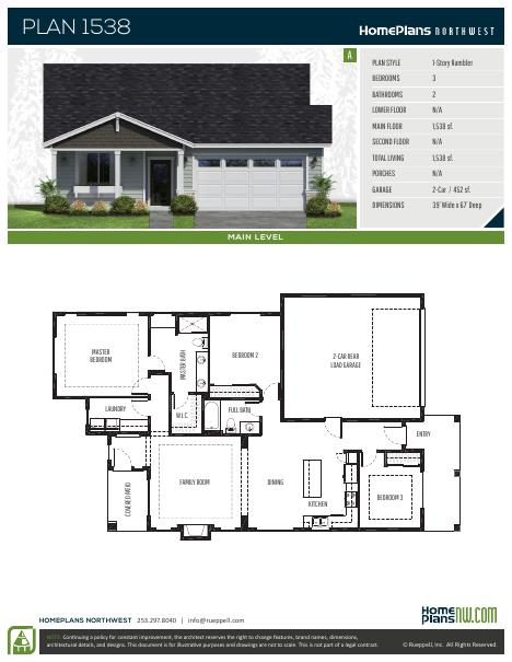 Home Plans NW Plan 1538-A floor plan and specification sheet
