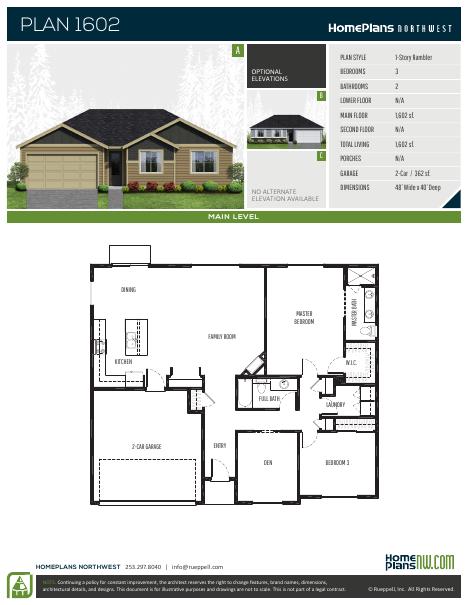 Home Plans NW Plan 1602-AB floor plan and specification sheet