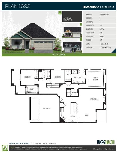 Home Plans NW Plan 1692-ABC floor plan and specification sheet