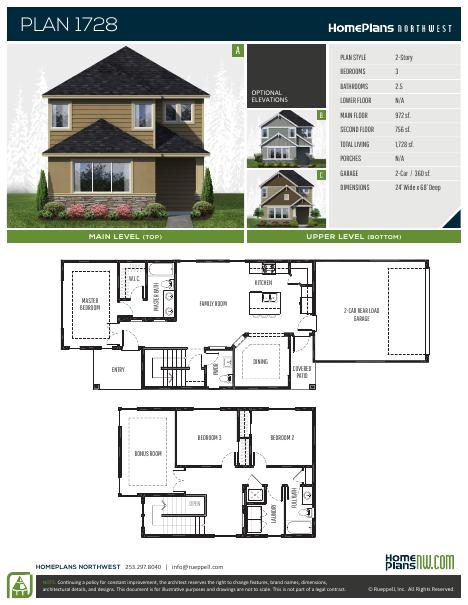 Home Plans NW Plan 1728 floor plan and specification sheet