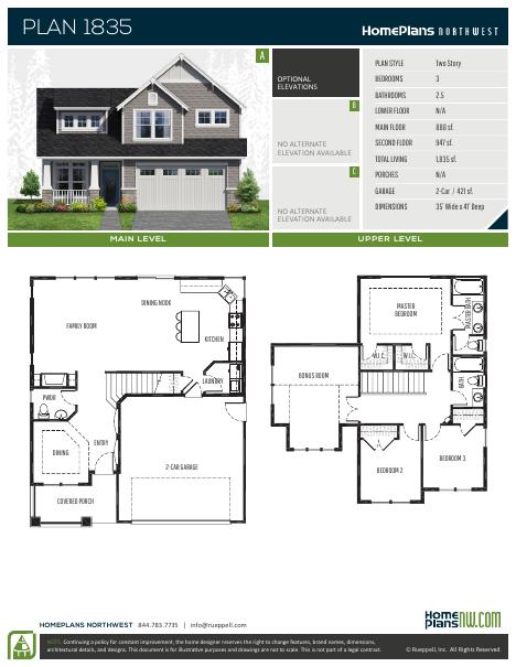 Home Plans NW Plan 1835 floor plan and specification sheet