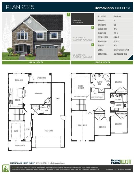 Home Plans NW Plan 2315 floor plan and specification sheet