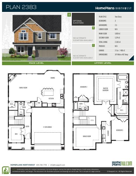 Home Plans NW Plan 2383 floor plan and specification sheet