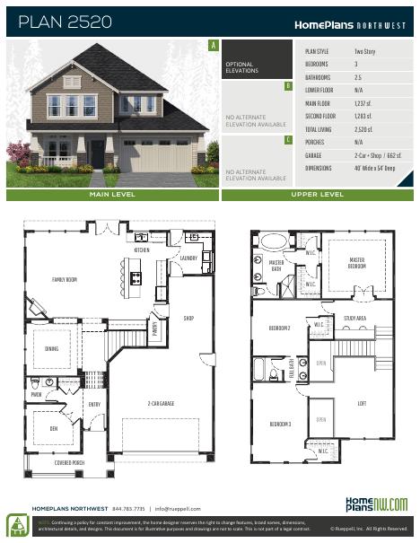 Home Plans NW Plan 2520 floor plan and specification sheet