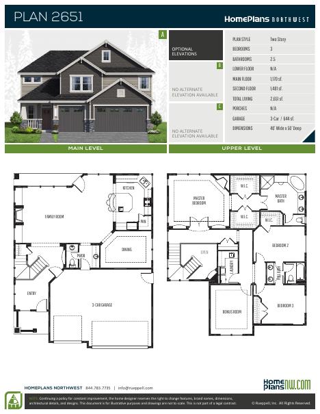 Home Plans NW Plan 2651-1 floor plan and specification sheet
