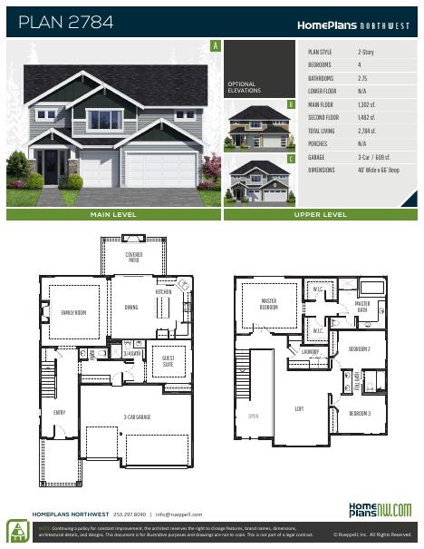 Home Plans NW Plan 2784 floor plan and specification sheet