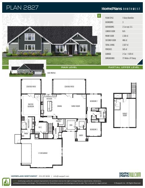 Home Plans NW Plan 2827-A floor plan and specification sheet