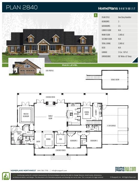 Home Plans NW Plan 2840-A floor plan and specification sheet