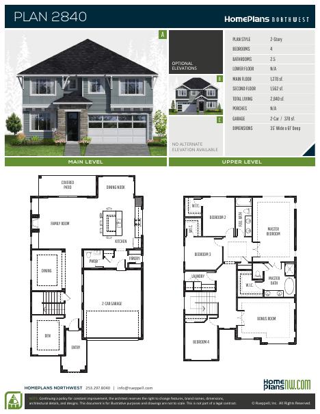 Home Plans NW Plan 2840 floor plan and specification sheet