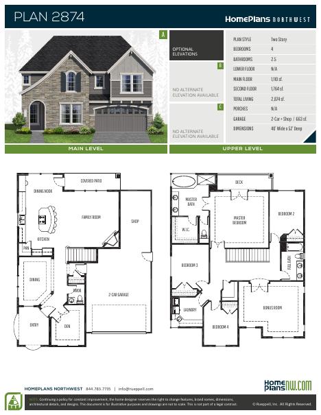 Home Plans NW Plan 2874-1 floor plan and specification sheet