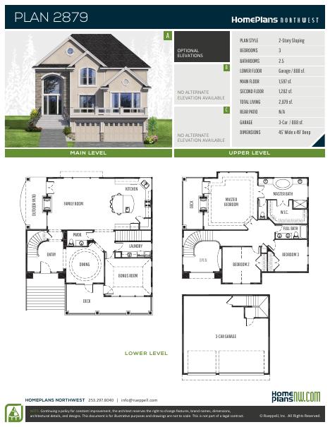 Home Plans NW Plan 2879-A floor plan and specification sheet