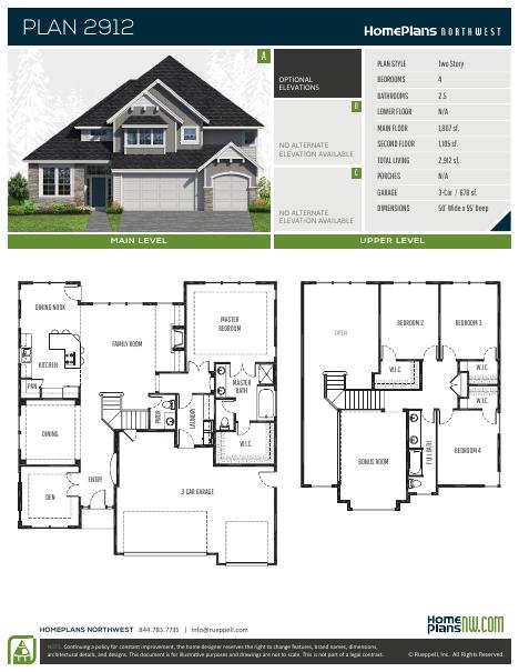 Home Plans NW Plan 2912 floor plan and specification sheet