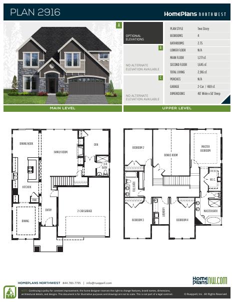 Home Plans NW Plan 2916-1 floor plan and specification sheet