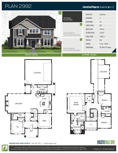 Home Plans NW Plan 2992-1 floor plan and specification sheet