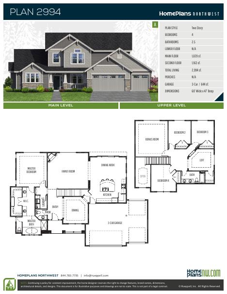 Home Plans NW Plan 2994 floor plan and specification sheet