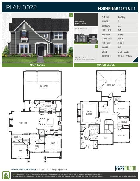 Home Plans NW Plan 3072 floor plan and specification sheet