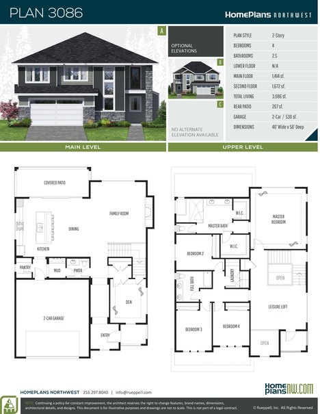 Home Plans NW Plan 3086 floor plan and specification sheet