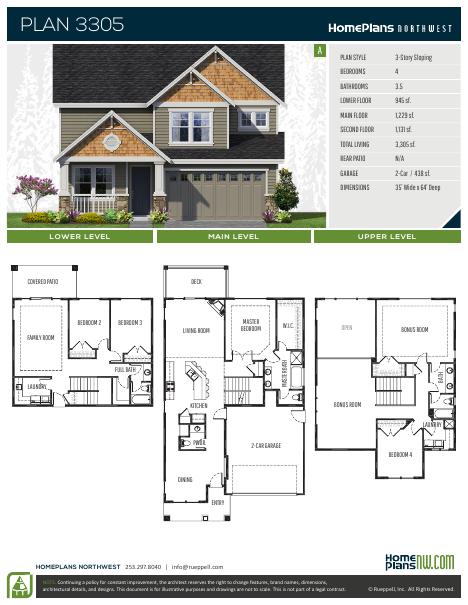 Home Plans NW Plan 3305-A floor plan and specification sheet