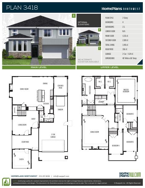 Home Plans NW Plan 3418 floor plan and specification sheet