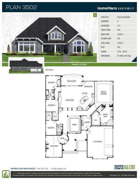 Home Plans NW Plan 3502-A floor plan and specification sheet