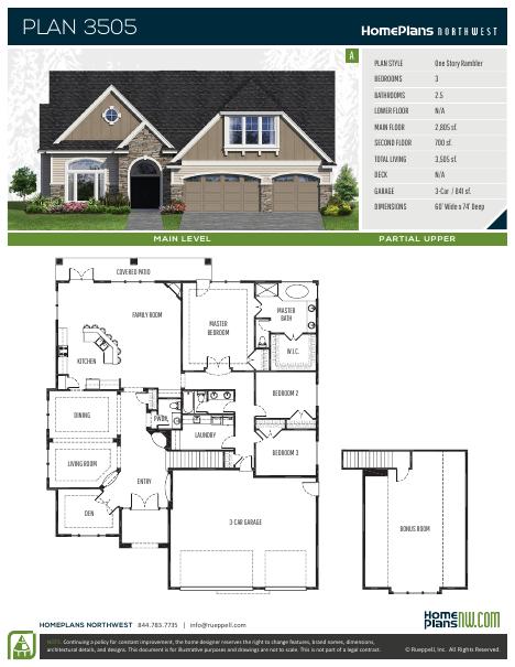 Home Plans NW Plan 3505-A floor plan and specification sheet