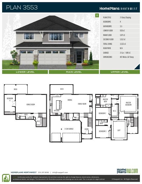 Home Plans NW Plan 3553-A floor plan and specification sheet