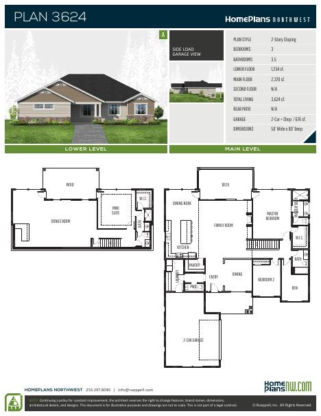 Home Plans NW Plan 3624-A floor plan and specification sheet