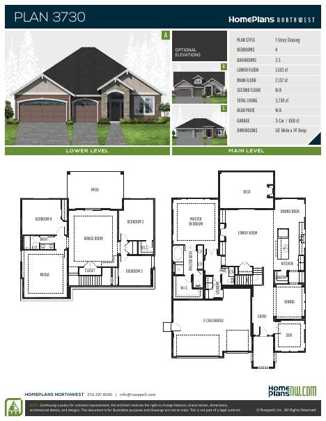 Home Plans NW Plan 3730-ABC floor plan and specification sheet