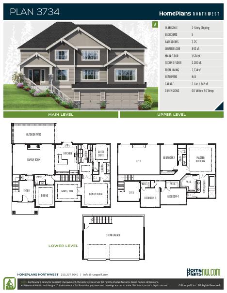 Home Plans NW Plan 3734-A floor plan and specification sheet