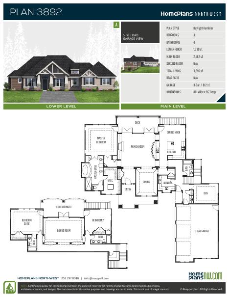 Home Plans NW Plan 3892-A floor plan and specification sheet