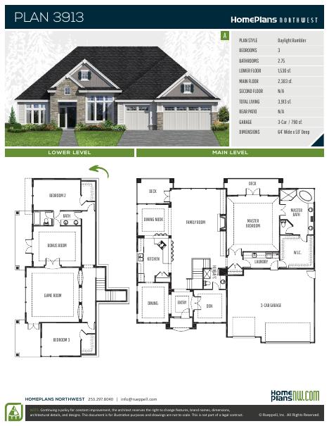 Home Plans NW Plan 3913-A floor plan and specification sheet