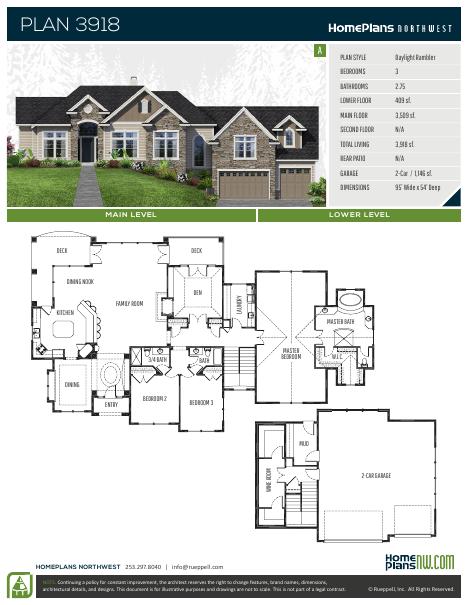 Home Plans NW Plan 3918-A floor plan and specification sheet