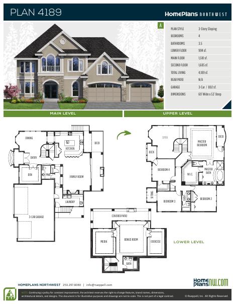 Home Plans NW Plan 4189-A floor plan and specification sheet