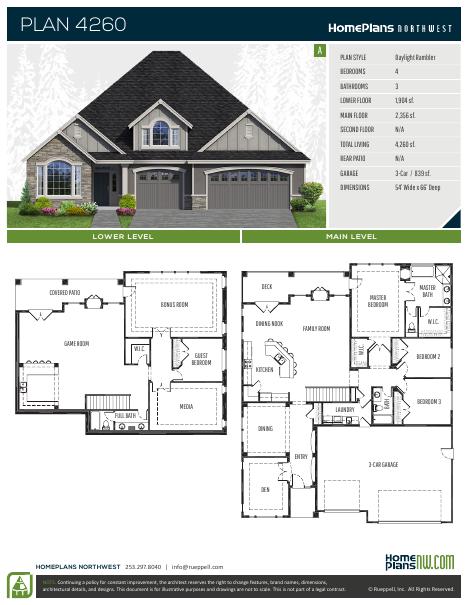 Home Plans NW Plan 4260-A floor plan and specification sheet