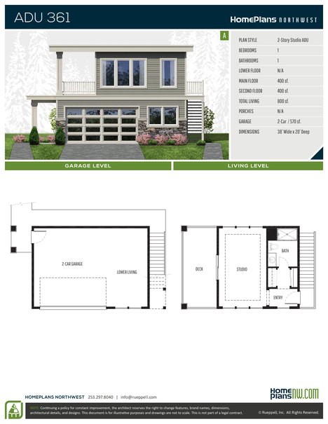 Home Plans NW Plan (ADU) 361-A floor plan and specification sheet