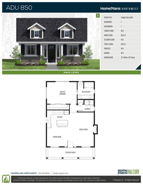 Home Plans NW Plan (ADU) 850-A floor plan and specification sheet