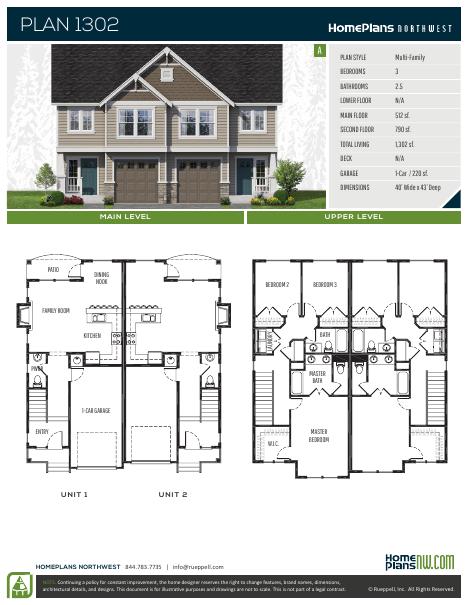 Home Plans NW Plan (Duplex) 1302-A floor plan and specification sheet
