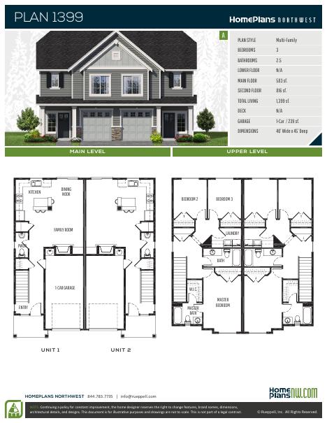 Home Plans NW Plan (Duplex) 1399-A floor plan and specification sheet
