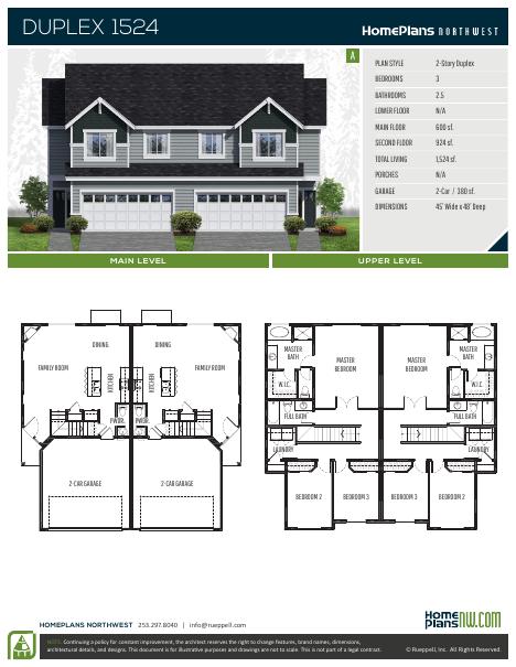 Home Plans NW Plan (Duplex) 1524-A floor plan and specification sheet
