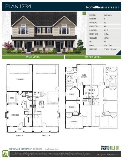Home Plans NW Plan (Duplex) 1734-A floor plan and specification sheet
