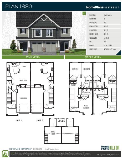Home Plans NW Plan (Duplex) 1880-A floor plan and specification sheet