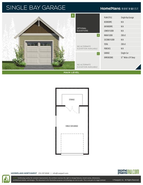 Home Plans NW Plan (Garage) Single Bay floor plan and specification sheet